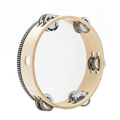 Picture of Musfunny Tambourine Hand Held Drum with Double Row Jingles, 8 inch Tambourines Metal Bell Hand Percussion for Adults Church Party (8 inch Natural)