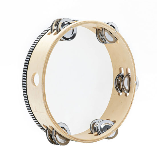 Picture of Musfunny Tambourine Hand Held Drum with Double Row Jingles, 8 inch Tambourines Metal Bell Hand Percussion for Adults Church Party (8 inch Natural)