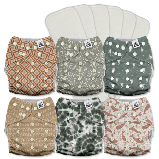 Picture of Mama Koala 3.0 Cloth Diapers for Babies with AWJ Lining, 6 Pack with 6 5-Layer Natural Cloth Diaper Inserts - Reusable and Washable Pocket Diapers(A-Calm Spring)