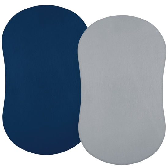 Picture of Bassinet Sheets Fit for Halo, 4moms mamaroo and Chicco Close to You Bedside Bassinet,100% Organic Cotton, 2 Pack, Ultra Soft Bassinet Sheet, Gray and Navy Blue