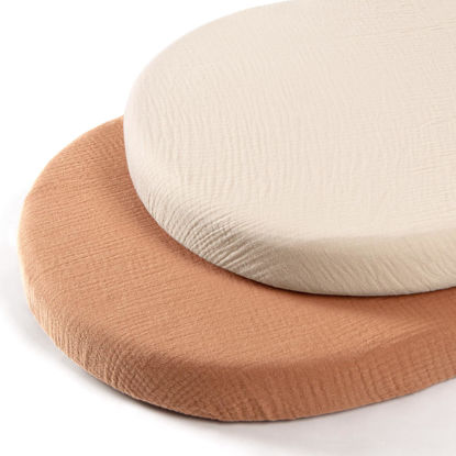 Picture of lulumoon Baby Muslin Bassinet Sheets: Cotton Bassinet Sheets Neutral for Boys and Girls - Bassinet Sheets Fitted for Oval Rectangle or Hourglass (Beige & Caramel)
