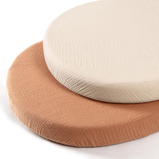 Picture of lulumoon Baby Muslin Bassinet Sheets: Cotton Bassinet Sheets Neutral for Boys and Girls - Bassinet Sheets Fitted for Oval Rectangle or Hourglass (Beige & Caramel)