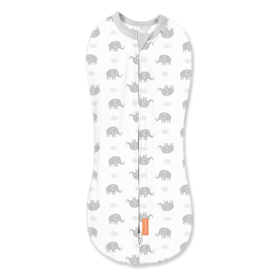Picture of SwaddleMe by Ingenuity Compression Swaddle Pod, Two-Way Zipper for Easy Changes, Improves Sleep & Calms Startle Reflex, 0-2 Months, 1-Pack - Grey Elephant Skies