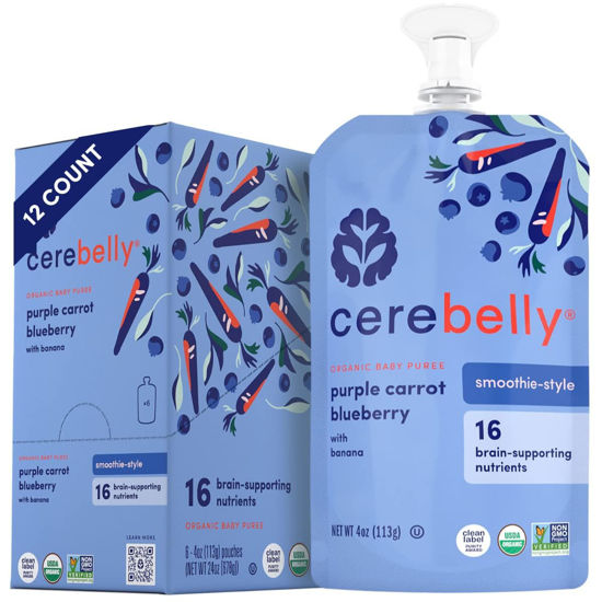 Picture of Cerebelly Baby Food Pouches Stage 1 - Purple Carrot Blueberry Smoothie (4 oz, Pack of 12), Organic Fruit & Veggie Purees, Great Toddler Snacks