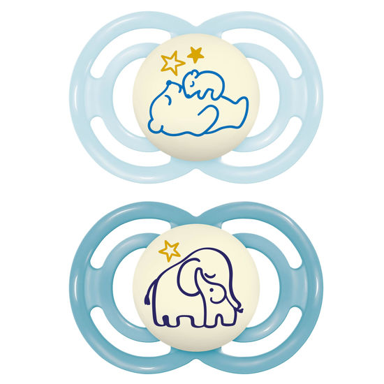 Picture of MAM Perfect Night Baby Pacifier, Patented Nipple, Glows in the Dark, 2 Pack, 6-16 Months, Boy (Design May Vary)