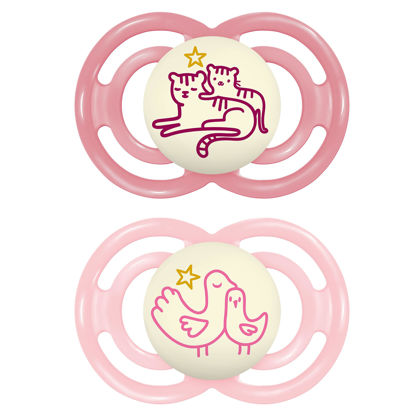 Picture of MAM Perfect Night Baby Pacifier, Patented Nipple, Glows in the Dark, 6-16 Months, Girl, 2 Count (Pack of 1)