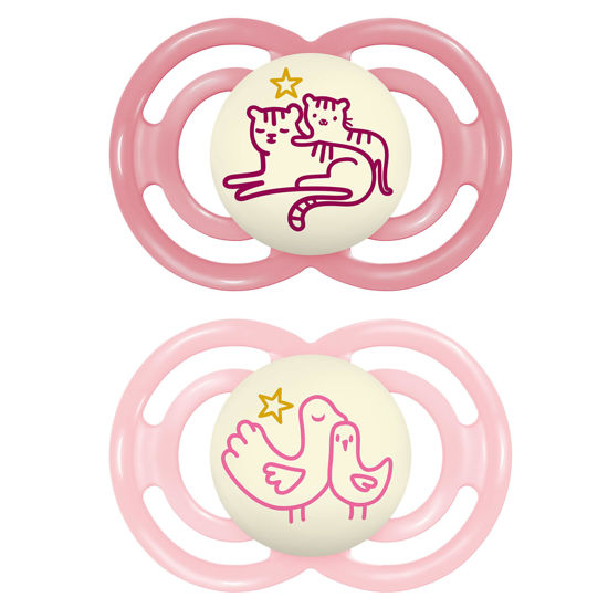 Picture of MAM Perfect Night Baby Pacifier, Patented Nipple, Glows in the Dark, 6-16 Months, Girl, 2 Count (Pack of 1)