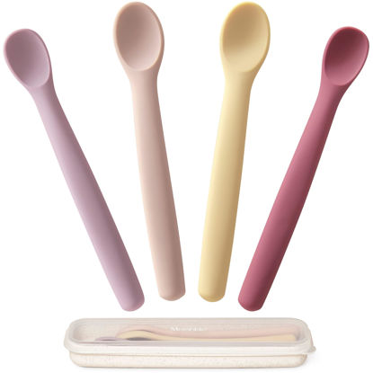 Picture of Moonkie Silicone Baby Spoons Set of 4, Two Sizes Feeding Spoon for First Stage 4+ Months, Baby Utensils with Case, Toddler Led Weaning Spoons, Bendable, Chewproof & Boil-proof