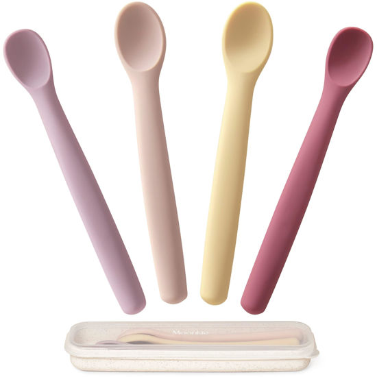Picture of Moonkie Silicone Baby Spoons Set of 4, Two Sizes Feeding Spoon for First Stage 4+ Months, Baby Utensils with Case, Toddler Led Weaning Spoons, Bendable, Chewproof & Boil-proof