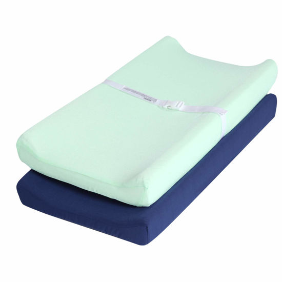 Picture of TILLYOU Changing Pad Cover Set in Soft Jersey Material - Fits 32"/34''x16 Contoured Pad for Babies, Navy Blue & Lt Green