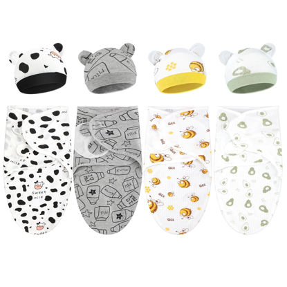 Picture of Buryeah 4 Pack Preemie Swaddle Blanket Wrap Set with Hat for Baby Boys Girls 3-7 Lbs Preemie Newborn Clothes Sleepers Cap (White,Animal)