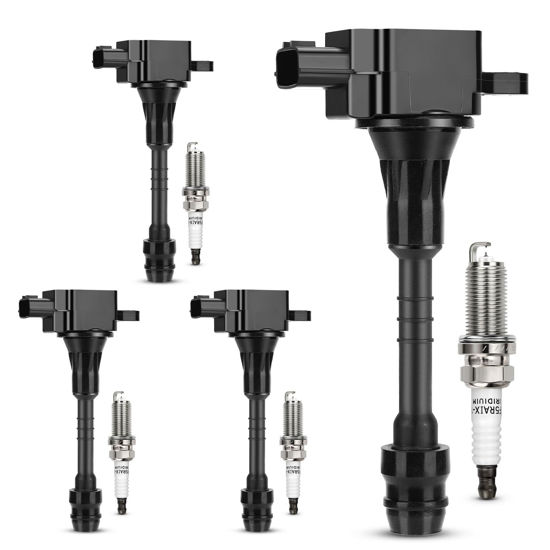 Picture of UF351 Ignition Coil & 4505 Double Iridium Spark Plug for 2001-2005 Nissan Almera,2002-2006 Sentra 1.8L L4 Replaces# 22448-6N015 22448-6N011 C1397 5C1394 (Set of 4)