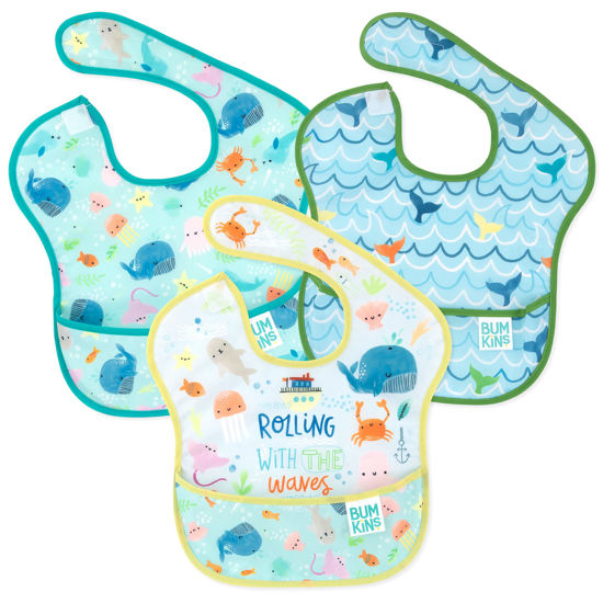 Picture of Bumkins Bibs for Girl or Boy, SuperBib Baby and Toddler 6-24 Months, Essential Must Have for Eating, Feeding, Baby Led Weaning Supplies, Mess Saving Catch Food, Waterproof Fabric 3-pk Blue Ocean Life