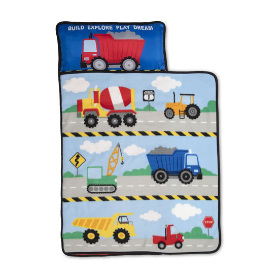 Picture of Funhouse Construction Area Trucks Kids Nap Mat Set - Includes Removable Pillow and Fleece Blanket - Great for Boys Napping During Daycare or Preschool - Fits Toddlers, Blue