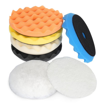 Picture of Autolock 6" Buffing Polishing Pads, 7Pcs 6Inch (150mm) Waffle Foam Buffing Pad, Wool Pad Kit for 6 in Backing Plate, Car Polisher Boat Compounding, Polishing and Waxing
