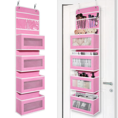 Picture of Over Door Organizer with 4 Large Capacity Pockets, Hanging Organizer Storage for Closet Bathroom Nursery Bedroom Dorm, Toys Cosmetics Sundries and Baby Essentials, Pink