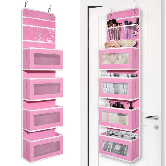 Picture of Over Door Organizer with 4 Large Capacity Pockets, Hanging Organizer Storage for Closet Bathroom Nursery Bedroom Dorm, Toys Cosmetics Sundries and Baby Essentials, Pink