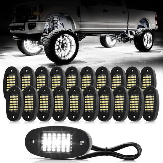 Picture of Hovano 20 Pods White Rock Lights 6000K Pure White 36 LEDs SMD Chips Super Bright Neon Underglow Light IP68 Waterproof for Pickup Trucks SUV UTV ATV RZR Car Boats (White)
