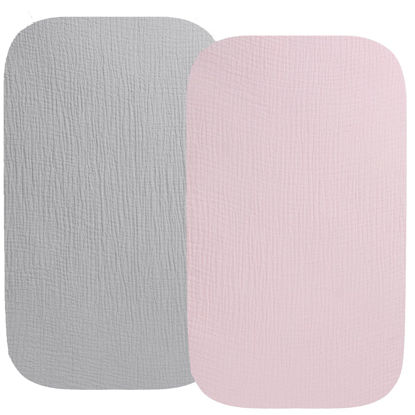 Picture of Muslin Bassinet Sheet Compatible with Baby Delight Beside Me Dreamer Bassinet, 2 Pack Cotton Stylish Boho Fitted Bassinet Sheets Super Soft for Baby Grey & Pink