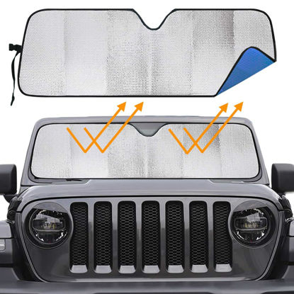 Picture of Big Hippo Windshield Sun Shade Car Sun Shade for 2007-2024 Wrangler Rubicon Sahara TJ JK JKU 2 & 4 Door-Sun Visor Protector Blocks UV Rays Windshield Sunshade, Blue
