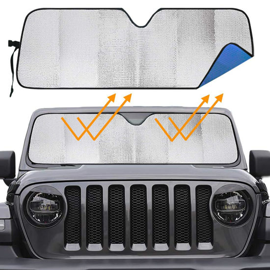 Picture of Big Hippo Windshield Sun Shade Car Sun Shade for 2007-2024 Wrangler Rubicon Sahara TJ JK JKU 2 & 4 Door-Sun Visor Protector Blocks UV Rays Windshield Sunshade, Blue