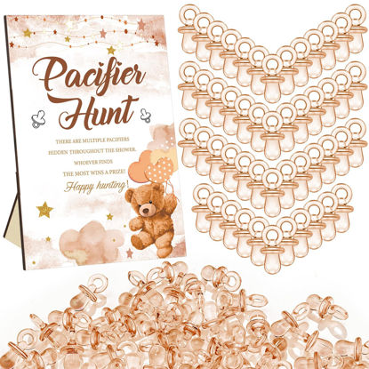 Picture of Thyle 51 Pcs Pacifier Hunt Baby Shower Games Include Pacifier Hunt Sign and 50 Acrylic Pacifiers for Baby Shower Game Decoration Gift Sets Gender Reveal Party Decor(Brown Bear)