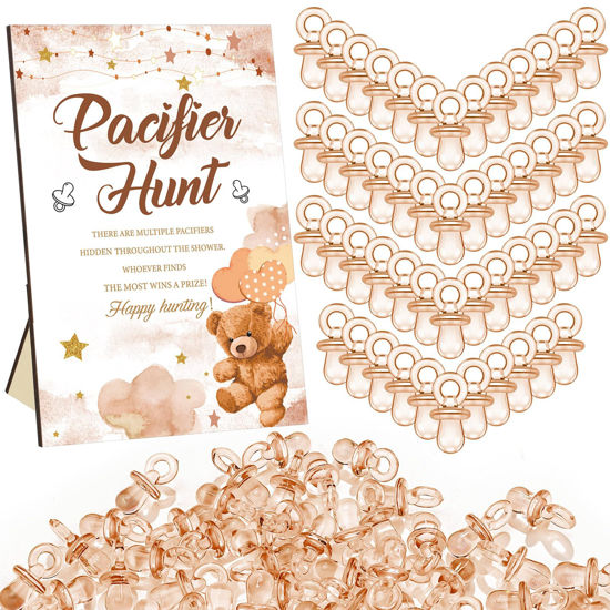 Picture of Thyle 51 Pcs Pacifier Hunt Baby Shower Games Include Pacifier Hunt Sign and 50 Acrylic Pacifiers for Baby Shower Game Decoration Gift Sets Gender Reveal Party Decor(Brown Bear)
