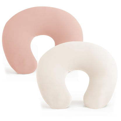 Picture of Konssy 2 Pack Nursing Pillow Covers, Stretchy and Soft Nursing Cover for Breastfeeding Pillows, Pillow Slipcover for Baby Girls Boys Newborn (Beige, Pink)