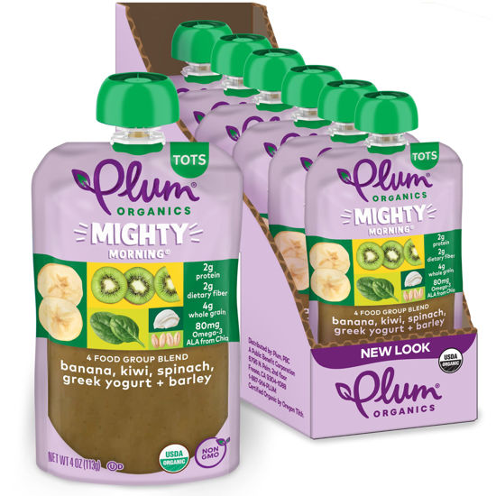 Picture of Plum Organics Mighty Morning Organic Toddler Food - Banana, Kiwi, Spinach, Greek Yogurt, and Barley - 4 oz Pouch (Pack of 6) - Organic Fruit and Vegetable Toddler Food Pouch