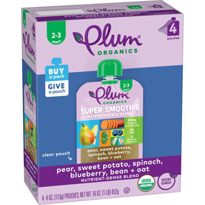 Picture of Plum Organics Super Smoothie Organic Toddler Food - Pear, Sweet Potato, Spinach, Blueberry, Bean, and Oat - 4 oz (Pack of 4)