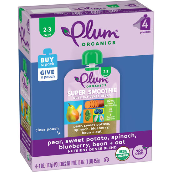 Picture of Plum Organics Super Smoothie Organic Toddler Food - Pear, Sweet Potato, Spinach, Blueberry, Bean, and Oat - 4 oz (Pack of 4)