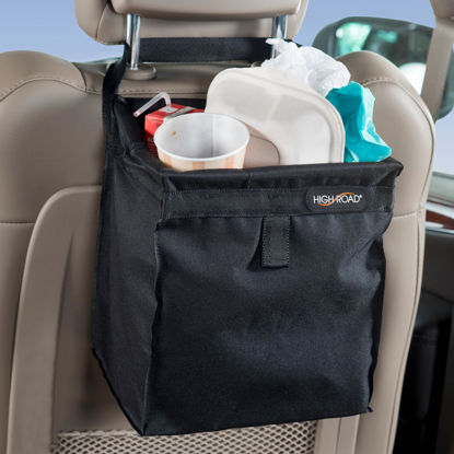 Picture of High Road TrashStash Hanging Car Garbage Bag with Push-Close Lid and Waterproof Bin for Car, SUV and Truck Seat Backs - Holds 3 Gallons of Car Trash (Black)