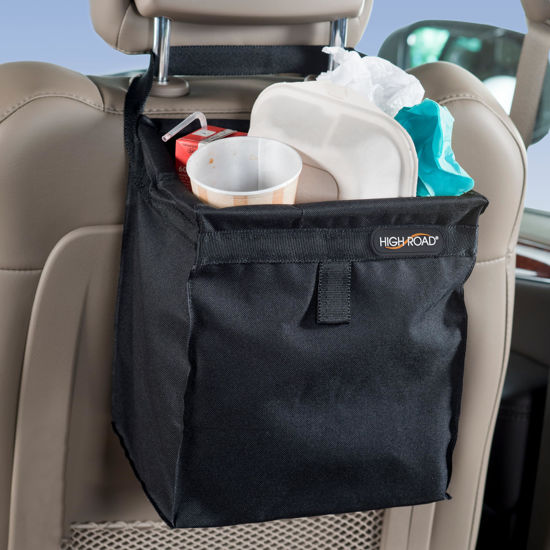 Picture of High Road TrashStash Hanging Car Garbage Bag with Push-Close Lid and Waterproof Bin for Car, SUV and Truck Seat Backs - Holds 3 Gallons of Car Trash (Black)