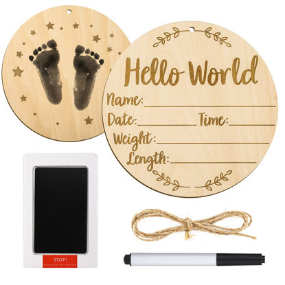 Picture of Baby Announcement Sign, 5.9 Inch Round Baby Nursery Name Signs with Ink Pad for Baby Hand and Footprints Wooden Hello World Newborn Sign for Photo Prop
