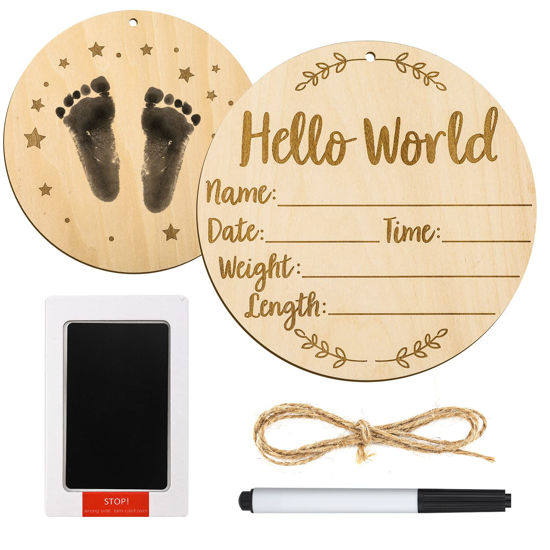 Picture of Baby Announcement Sign, 5.9 Inch Round Baby Nursery Name Signs with Ink Pad for Baby Hand and Footprints Wooden Hello World Newborn Sign for Photo Prop