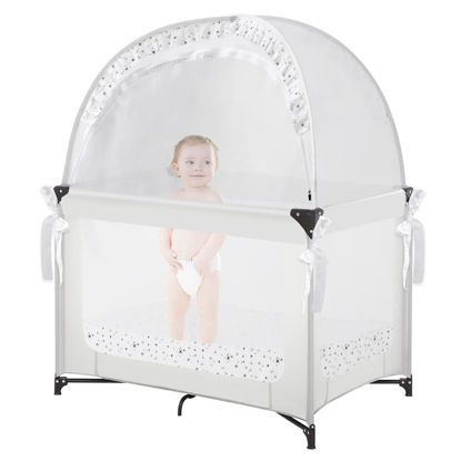 Picture of L RUNNZER Baby Pack N Play Tent, Pack and Play Canopy to Keep Baby in, Portable Crib Net for Playards, Mini Crib Tent with See Through Mesh, Easy Installation and Transportation White+stars