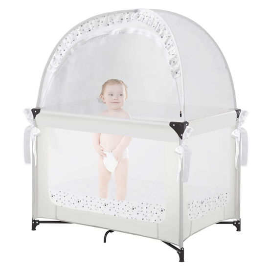 Picture of L RUNNZER Baby Pack N Play Tent, Pack and Play Canopy to Keep Baby in, Portable Crib Net for Playards, Mini Crib Tent with See Through Mesh, Easy Installation and Transportation White+stars