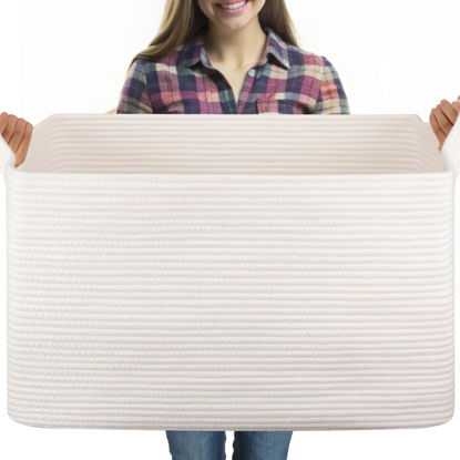 Picture of OIASKET 95L Extra Large Blanket Basket, 24" x 16.9" x 14.2" Woven Storage Basket for Living Room, Nursery Blanket Storage, Rectangle Storage Basket for Toys, Towels, Dirty Clothes Basket (White)