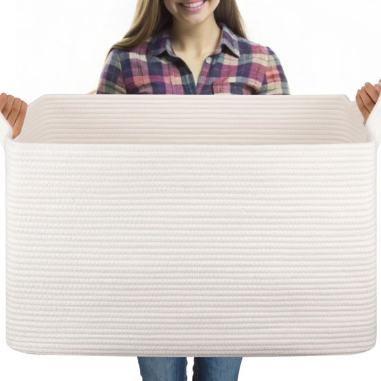 Picture of OIASKET 95L Extra Large Blanket Basket, 24" x 16.9" x 14.2" Woven Storage Basket for Living Room, Nursery Blanket Storage, Rectangle Storage Basket for Toys, Towels, Dirty Clothes Basket (White)