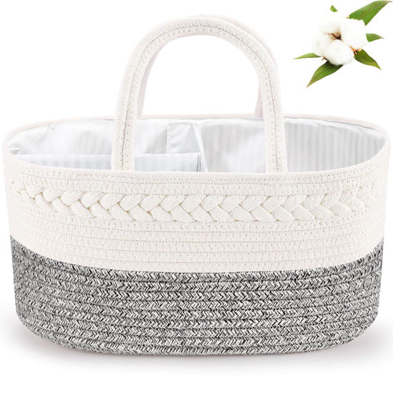 Picture of ABenkle Baby Diaper Caddy, Nursery Storage Bin and Car Organizer for Diapers and Baby Wipes, Cotton Rope Diaper Basket Caddy, Changing Table Diaper Storage Caddy Baby Gift Baskets -Dark Mixed Grey