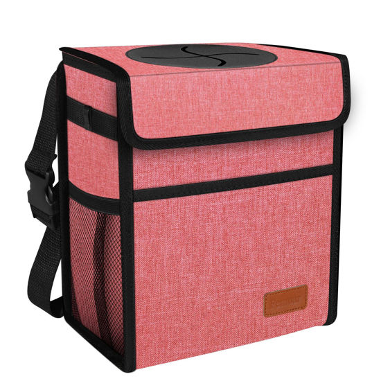 Picture of Femuar Car Trash Can Leak Proof Car Trash Bag Waterproof Car Garbage Can with Lid for SUV Front Seat Multipurpose Car Hanging for Headrest Collapsible and Portable with Storage Mesh Pocket, Pink