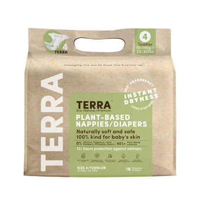 Picture of Terra Size 4 Diapers: 85% Plant-Based Diapers, Ultra-Soft & Chemical-Free for Sensitive Skin, Superior Absorbency for Day or Nighttime Diapers, Designed for Toddlers 22-30 Pounds, 18 Count