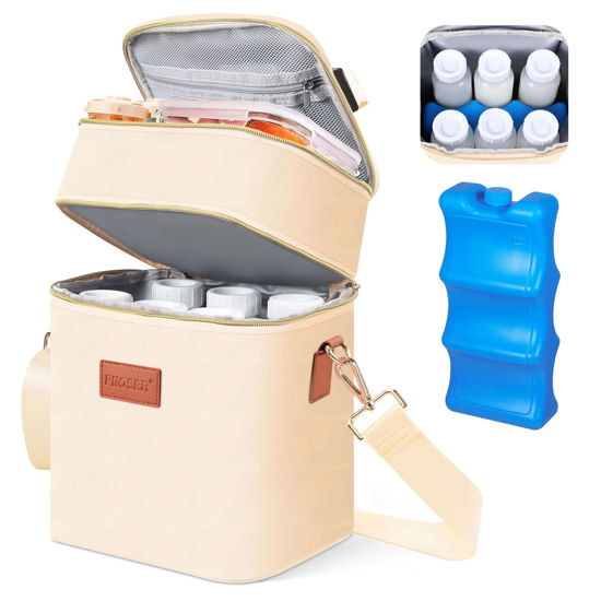 Picture of PIIOSER Breastmilk Cooler Bag with Ice Pack Fits 6 Baby Bottles Up to 9 Ounce, Insulated Baby Bottle Tote Bags, Double Layer Waterproof Leak-Proof with Shoulder Strap for Nursing & Working Mom (Cream)