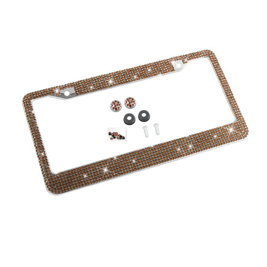 Picture of YALOK Bling Car License Plate Frame, Sparkly Rhinestone Stainless Steel License Plate Cover/Holder, Universal for Most Cars, SUVs, Vehicles with Screw Set, Auto Accessories for Women (Coffee)