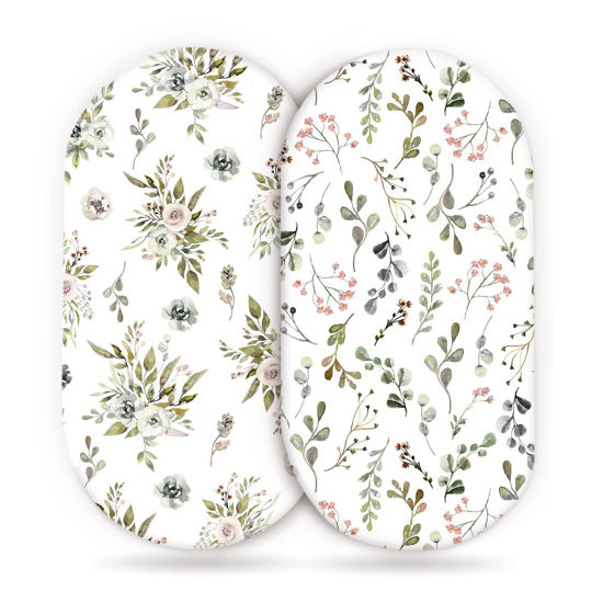 Picture of Stretchy Ultra Soft Fitted Bassinet Sheets 2 Pack, Universal Fitted for Bassinets Baby Cradle Moses Basket Oval Rectangle Mattress, Watercolor Rose and Flora Bassinet Sheet for Baby Girls