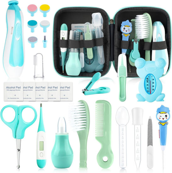 Picture of Baby Healthcare and Grooming Kit, 26 in 1 Portable Baby Safety Care Set with Hair Brush Comb Nasal Aspirator Electric Nail Trimmer Set Baby Essentials kit for Newborn Boys Girls (Green 26 in 1)