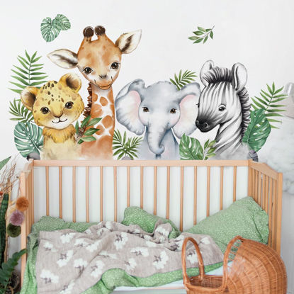Picture of 52.51x23.62 Inch Watercolor Jungle Animal Wall Decals Safari Forest Animal Wall Sticker Elephant Lion Monkey Wall Decals for Baby Nursery Playroom Bedroom Classroom Kindergarten Wall Decor