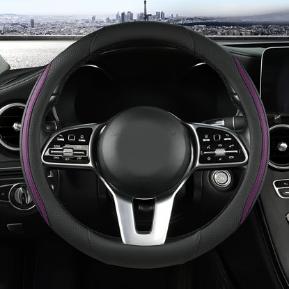 Picture of Car Steering Wheel Cover, Leather Steering Wheel Cover Purple Universal 14.5-15 Inch Microfiber Leather Anti-Slip Breathable Auto Steering Wheel Covers for Men Women (Black&Purple)