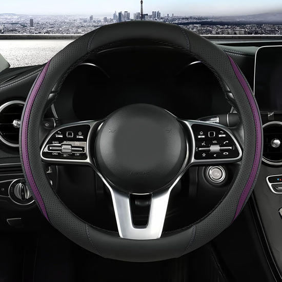 Picture of Car Steering Wheel Cover, Leather Steering Wheel Cover Purple Universal 14.5-15 Inch Microfiber Leather Anti-Slip Breathable Auto Steering Wheel Covers for Men Women (Black&Purple)