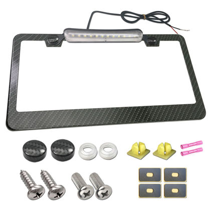 Picture of AOOTF License Plate Frame with Light Bar Assembly- License Plate Light Lamp Bulbs & Aluminium Carbon Fiber Car Tag Holder Mount Kit for Truck SUV Trailer, 12V Waterproof White, Screws Caps